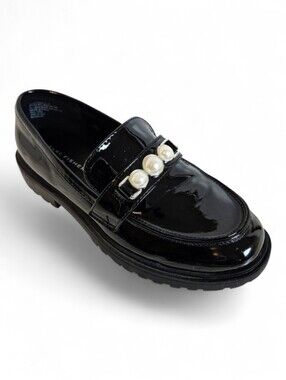 Marc Fisher Girls Loafers Kids Size 3 Black Patent Pearl Band Lug Sole